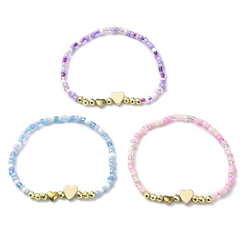 3Pcs 3 Color Non-magnetic Synthetic Hematite Heart & Glass Seed Beaded Stretch Bracelets Set, Mixed Color, Inner Diameter: 2 inch(5.1cm), 1Pc/style