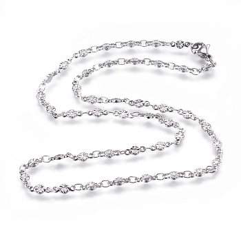 304 Stainless Steel Chain Necklaces, with Lobster Claw Clasps, Flower, Stainless Steel Color, 17.5  inch~17.7 inch(44.5~45cm)