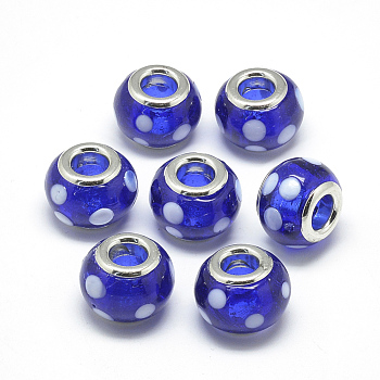 Handmade Lampwork European Beads, with Platinum Brass Double Cores, Large Hole Beads, Rondelle with Spot, Blue, 14x10.5mm, Hole: 5mm