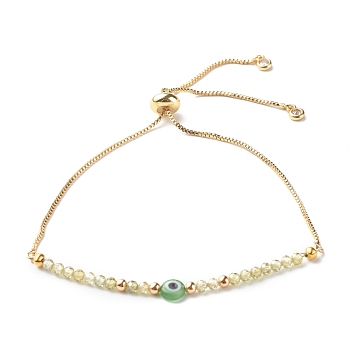 Brass Slider Bracelets, with Cubic Zirconia Beads, Handmade Evil Eye Lampwork Flat Round Beads, Olive, Inner Diameter: 3/4~3-1/2 inch(2~8.9cm)