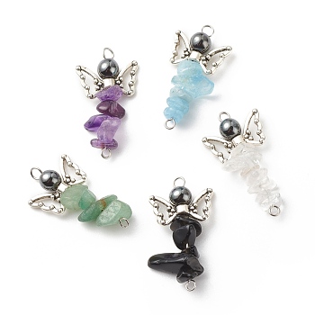 Natural Mixed Stone Chip Beaded Connecter Charms, with Antique Silver & Platinum Tone 304 Stainlesss Steel & Alloy Findings & Non-Magnetic Synthetic Hematite, Angel, 33~33.5x18x4~15mm, Hole: 2mm