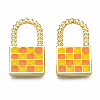 Rack Plating Alloy Checkerboard Pendants, with Enamel, Cadmium Free & Lead Free, Lock with Grid Pattern, Coral, 20.5x11.5x2mm, Hole: 8x6.5mm