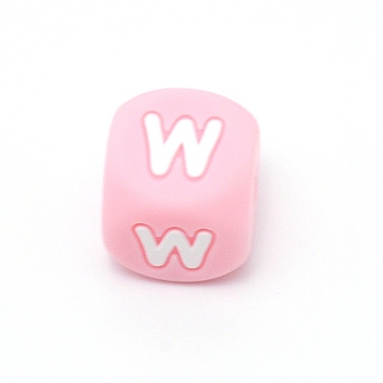 Silicone Alphabet Beads for Bracelet or Necklace Making, Letter Style, Pink Cube, Letter.W, 12x12x12mm, Hole: 3mm