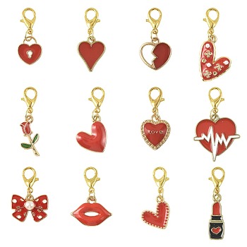 12Pcs 12 Styles Alloy Enamel Pendant Decorations, with ABS Plastic Pear, with Lobster Claw Clasps, Golden, Heart & Lip & Rose, Red, 26~34mm, 1pc/style