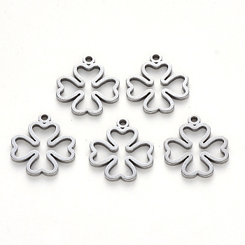 304 Stainless Steel Pendants, Laser Cut, Clover, Stainless Steel Color, 16x14x1mm, Hole: 1.4mm