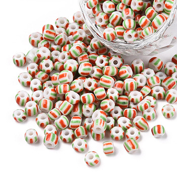 6/0 Opaque Colours Seep Glass Seed Beads, Round Hole, Round with Stripe Pattern, Dark Orange, 3~4.5x3~4.5mm, Hole: 1.2~1.5mm, about 450g/bag