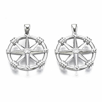 Brass Micro Pave Clear Cubic Zirconia Pendants, Nickel Free, Compass, Real Platinum Plated, 22.5x17x3.5mm, Hole: 3.5x1.5mm