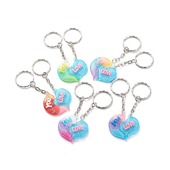 2Pcs Valentine's Day Couple Heart Charm Keychain, Word LOVE YOU Resin Pendants Keychain, with Iron Findings, Mixed Color, 8.3~8.7cm, 2pcs/set