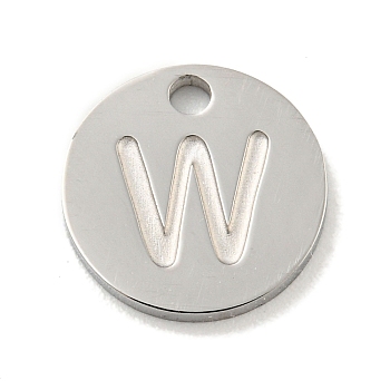 Non-Tarnish 304 Stainless Steel Pendants, Laser Cut, Flat Round with Letter Charm, Stainless Steel Color, Letter W, 10x1mm, Hole: 1.4mm