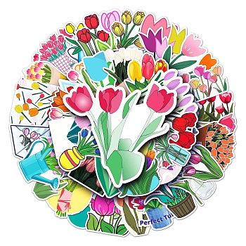 50Pcs Tulip Pattern Waterproof PVC Plastic Scrapbook Stickers, Self Adhesive Picture Stickers, Mixed Color, 55~85mm