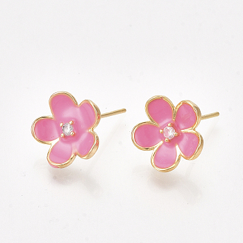 Brass Cubic Zirconia Stud Earring Findings, with Loop and Enamel, Flower, Hot Pink, Nickel Free, Real 18K Gold Plated, 11.5x12mm, Hole: 1.2mm, Pin: 0.8mm