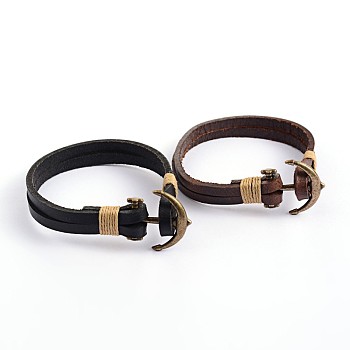 Leather Multi-Strand Bracelets, with Antique Bronze Alloy Finding, Mixed Color, 225x10mm