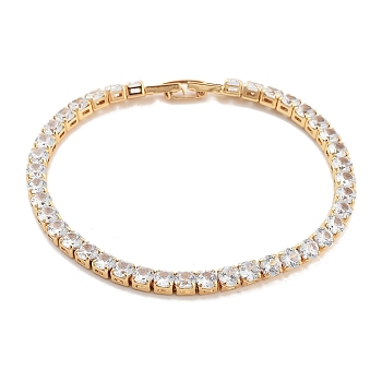 Brass Pave Clear Cubic Zirconia Flat Round Link Bracelets, Nickle Free, Long-Lasting Plated, Golden, 7-1/8 inch(18.2cm)