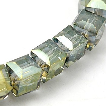 Electorplated Glass Beads, Rainbow Plated, Faceted, Cube, Dark Sea Green, 9x9x9mm, Hole: 1mm