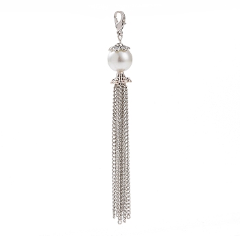 Fashion Tassels Pendant Decorations, with Tibetan Style Bead Caps, Glass Pearl Beads, Iron Twisted Chains and Alloy Lobster Claw Clasps, White, 90mm