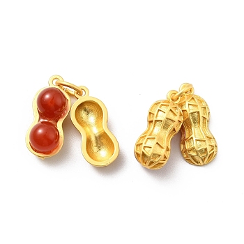Natural Carnelian Brass Pendants, Cadmium Free & Lead Free, with Jump Rings, Peanut Charms, Matte Gold Color, 21.5mm, Pendant: 18x8x3.5~8mm, Hole: 4.2mm
