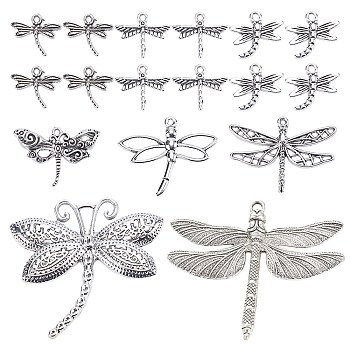 52Pcs Tibetan Style Alloy Big Pendants, Cadmium Free & Lead Free, Dragonfly, Antique Silver, 15.5~58x18.5~66.5x2~3.5mm, Hole: 2~5mm, about 8 style/box