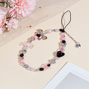 1Pc Plastic Heart Bowknot Butterfly Beads Mobile Straps, Mobile Phone Ornaments, Pink, 187mm
