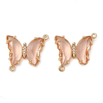 Brass Pave Faceted Glass Connector Charms, Golden Tone Butterfly Links, Light Salmon, 20x22x5mm, Hole: 1.2mm