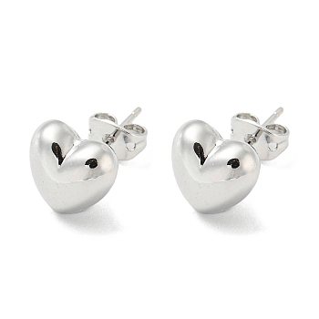 Heart Rack Plating Brass Stud Earrings, Long-Lasting Plated, Lead Free & Cadmium Free, Platinum, 9.5x10.5mm