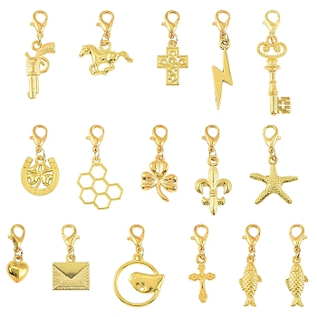 30Pcs 15 Style Alloy Pendant Decorations, with Alloy Lobster Claw Clasps, Golden, 25~44mm, 2pcs/style