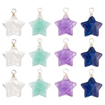 12Pcs Natural Mixed Stone Pendants, Star Charm, with Silver Copper Findings, Faceted, 18x15x6.5mm, Hole: 1.2~1.8mm