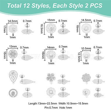 24Pcs 12 Style Filigree Flower & Flat Round & Teardrop 304 Stainless Steel Stud Earring Findings(STAS-UN0047-98)-3