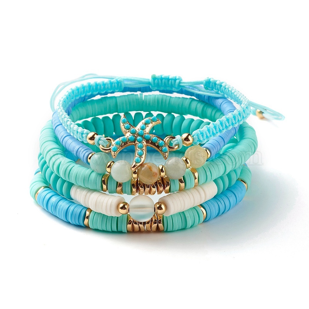 Heishi Bracelets, Blue Stackable Bracelets Set of 5, Clay Bead