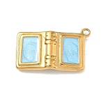 304 Stainless Steel Enamel Pendants, Book Charms, Ion Plating(IP), Real 18K Gold Plated, Sky Blue, 22.5x14.5x4mm, Hole: 1.6mm(STAS-L316-09G)