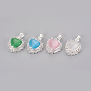 Cat Eye Pendants, with Rhinestone and Brass Findings, Heart, Silver Color Plated, Mixed Color, 19x15x8mm, Hole: 4mm(KK-F793-42)