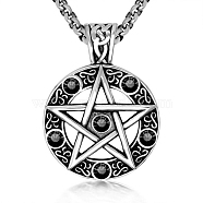 Star Stainless Steel Rhinestone Pendant Necklaces for Men, Jet, 23.62 inch(60cm)(PW-WG30879-04)