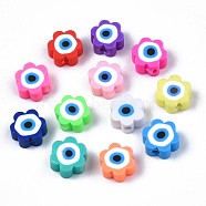 Handmade Polymer Clay Beads, Flower with Evil Eye, Mixed Color, 9x9x4.5mm, Hole: 1.8mm(X-CLAY-N007-003)
