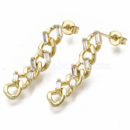Brass Micro Pave Clear Cubic Zirconia Dangle Stud Earrings, with Ear Nuts, Curb Chain, Nickel Free, Real 18K Gold Plated, 28x6mm, Pin: 0.8mm(X-EJEW-N011-12G-NF)