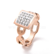 Crystal Rhinestone Rectangle Finger Ring, Ion Plating(IP) 304 Stainless Steel Jewelry for Women, Rose Gold, US Size 6~9(16.5~18.9mm)(RJEW-D120-02RG)