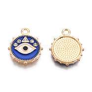 Rack Plating Alloy Enamel Pendants, with Crystal Rhinestone, Cadmium Free & Nickel Free & Lead Free, Flat Round with Evil Eye Charms, Blue, 19x16x2.5mm, Hole: 1.8mm(PALLOY-T077-218)
