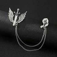 Angel's Sword & Music Note  Chain Tassel Dangle Brooch Pin, Alloy Rhinestone Badge for Jackets Hats Bags, Platinum, 175mm(RELI-PW0001-100P-04)