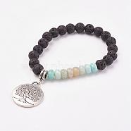 Natural Amazonite & Lava Rock Stretch Charm Bracelets, Alloy Pendant, Flat Round with Tree, Antique Silver, 2 inch(52mm)(BJEW-JB03073-05)