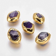 Natural Amethyst Beads, with Golden Plated Edge Brass Findings, Faceted, Olive, 25~34x17~23x16~21mm, Hole: 1~1.4mm(G-F633-27E)