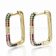 Brass Micro Pave Cubic Zirconia Huggie Hoop Earrings, Nickel Free, Rectangle, Colorful, Real 16K Gold Plated, 24x16.5x3mm, Pin: 0.8x1.3mm(EJEW-S208-124-NF)