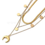 304 Stainless Steel Cable & Flat Snake Chains 3 Layered Necklace, Double Horn & Flat Round Pendants Necklace, Golden, 16.34 inch(41.5cm)(NJEW-C022-01G)