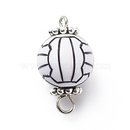 Acrylic Basketball Connector Charms, with Antique Silver Tone Space Beads, Round Ball, White, Volleyball Pattern, 20x11.5~12mm, Hole: 1.6mm & 2.5mm(PALLOY-JF01869-02)