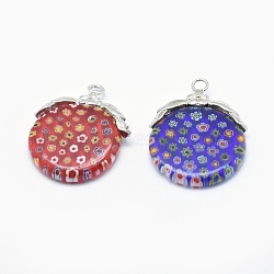 Handmade Millefiori Glass Pendants, with Brass Findings, Flat Round with Flower, Platinum, Mixed Color, Platinum, 35~41x28~30x6mm, Hole: 3mm(X-LAMP-O016-07P)