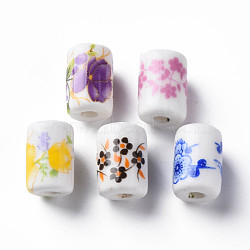 Handmade Porcelain Beads, Famille Rose Style, Column with Flower Pattern, Mixed Color, 12.5x8.5mm, Hole: 3mm(PORC-T007-19)
