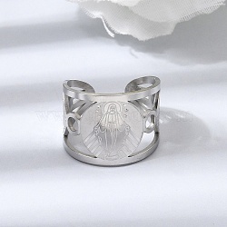 304 Stainless Steel Open Cuff Rings for Women, Virgin Mary, Stainless Steel Color, 15.5mm, US Size 8 1/2(18.5mm)(RJEW-A099-01P)