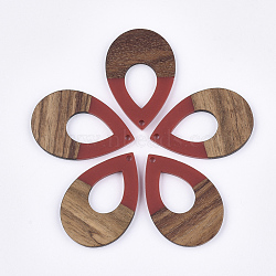 Resin & Walnut Wood Pendants, Teardrop, Red, 38x25.5x3mm, Hole: 2mm(RESI-S358-94A)
