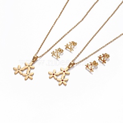 304 Stainless Steel Jewelry Sets, Stud Earring and Pendant Necklaces, with Rhinestone, Flower, Golden, Mixed Color, 17.6 inches(44.8cm), 10.5x11.5mm, Pin: 0.7mm(SJEW-L142-019)