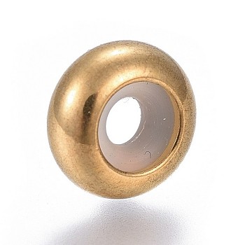 304 Stainless Steel Beads, with Rubber Inside, Slider Beads, Stopper Beads, Rondelle, Golden, 10x4.5mm, Hole: 5mm, Rubber Hole: 3mm