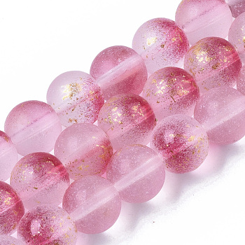Frosted Spray Painted Glass Beads Strands, with Golden Foil, Round, Camellia, 10~11mm, Hole: 1.4~1.6mm, about 39~42pcs/Strand, 14.84 inch~15.27 inch(37.7~38.8cm)
