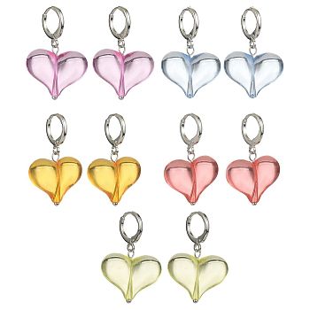 5 Pair 5 Color Acrylic Heart Dangle Leverback Earrings, Brass Earrings, Mixed Color, 33x22x9.5mm, 1 Pair/color