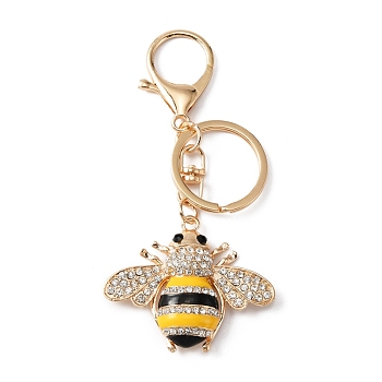 Enamel Bumble Bee Keychains, Crystal Rhinestone Keychains, with Alloy Findings, Yellow, 10.4cm